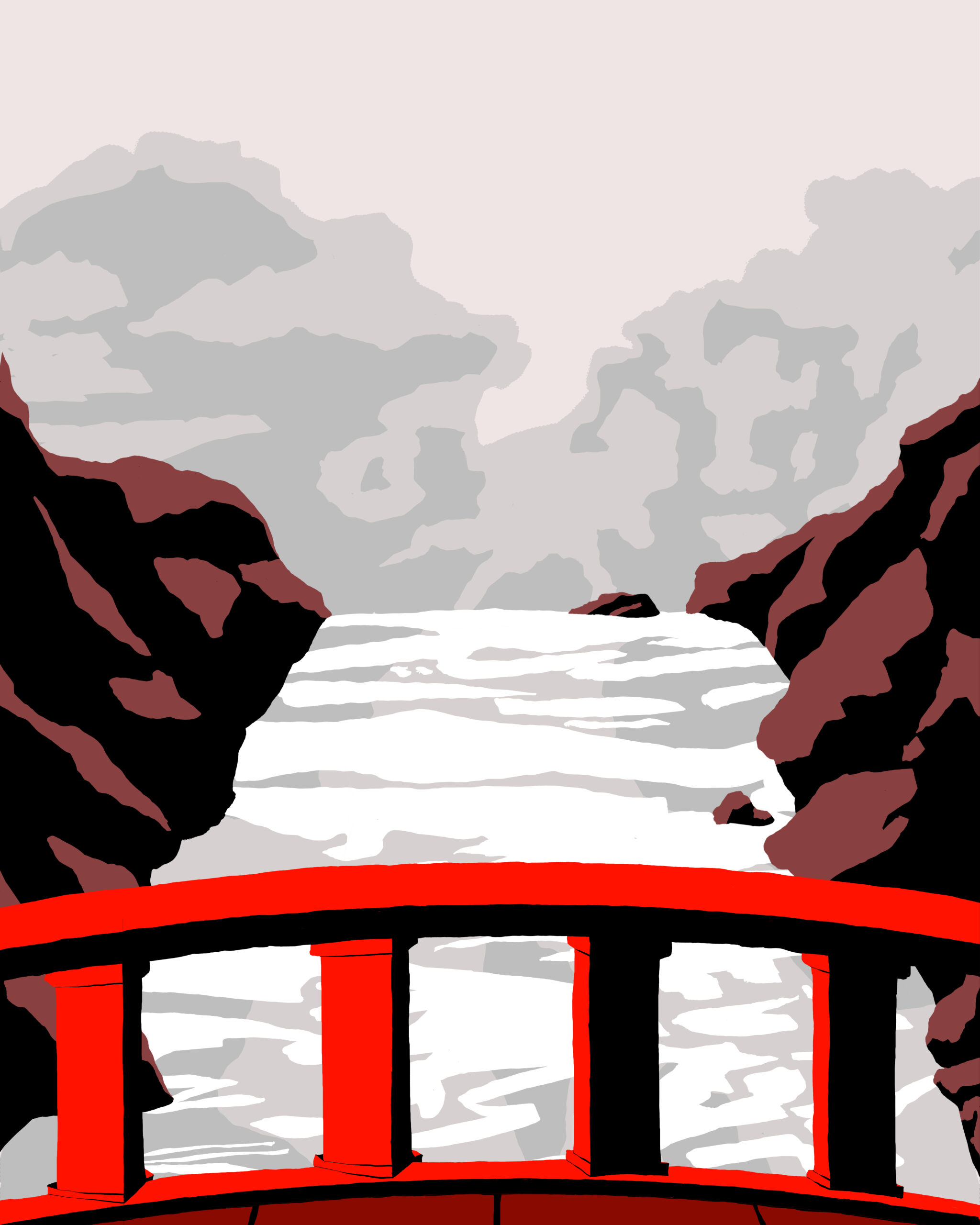 Digital painting of a bridge above a waterfall